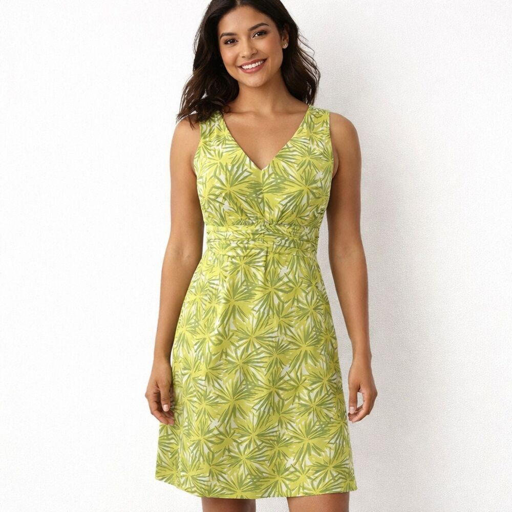 Boden Sleeveless Dress Womens Sz 6L Green Retro Fit Flare Tropical Print Cotton